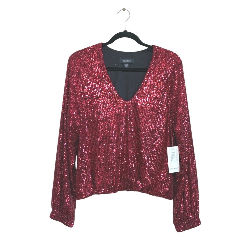 NEW Karen Kane Large Red Sequined VNeck‎ Bubble Hem Long Sleeve Blouse Holiday